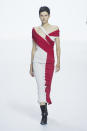 <p><i>Red and white open shoulder fitted dress from the SS18 Haider Ackermann collection. (Photo: ImaxTree) </i></p>