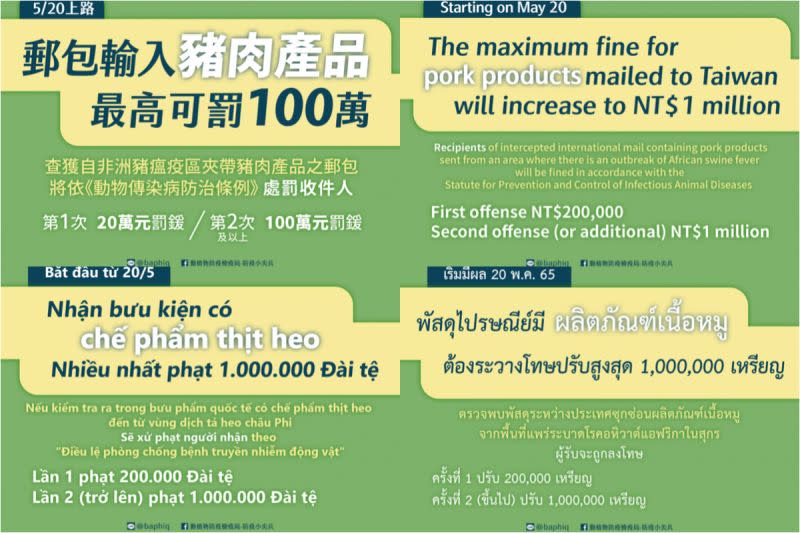 ▲移民署製作多語圖卡向新住民及移工即時傳遞自111年5月20日開始實施的非洲豬瘟重罰新規定。（圖／移民署提供）