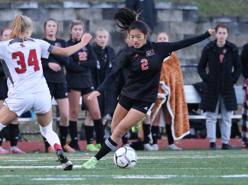 Oliver Ames' Lucinda Li Cotter dribbles the ball during a game against Silver Lake on Saturday, Nov. 19, 2022.