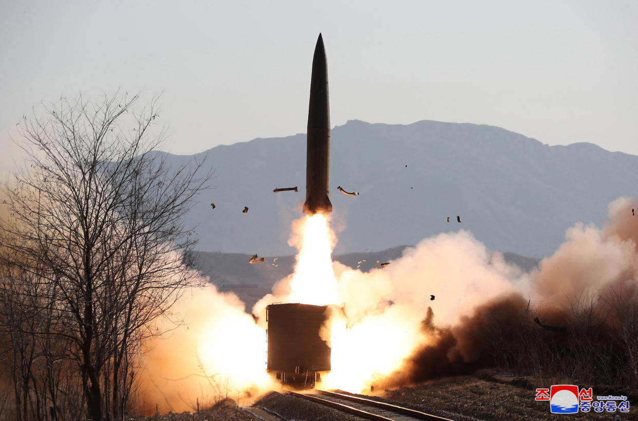A railway-born missile is launched at an undisclosed location in North Korea earlier this month during firing drills, according to state media. (KCNA via Reuters)