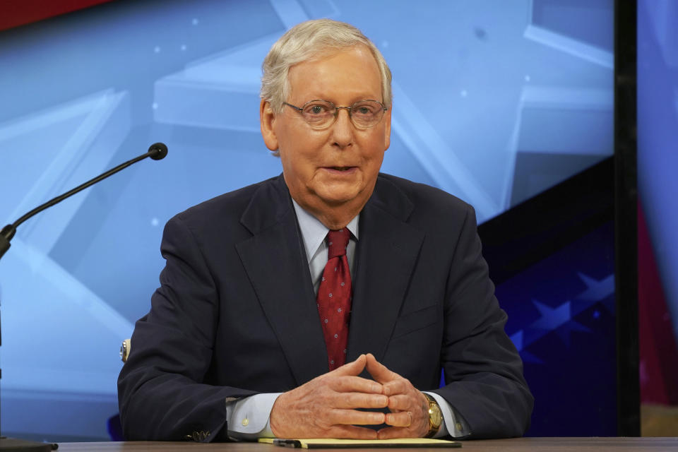 Senate Majority Leader Mitch McConnell, R-Ky., speaks during a debate with opponent Amy McGrath in Lexington, Ky., Monday, Oct. 12, 2020. (Michael Clubb, The Kentucky Kernel via AP Pool)