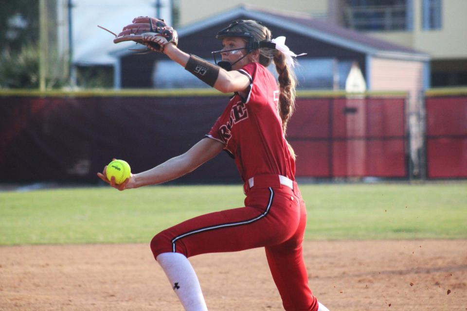 Baldwin's Shaylen Byrd (11) delivers a pitch against Episcopal during the FHSAA District 4-3A high school softball final on May 2, 2024. [Clayton Freeman/Florida Times-Union]