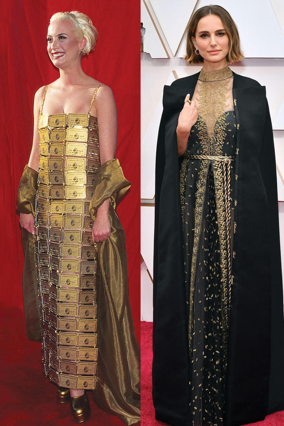 Lizzy Gardiner’s gold-card dress. Right: Natalie Portman’s 2020 Dior paid homage to female directors.