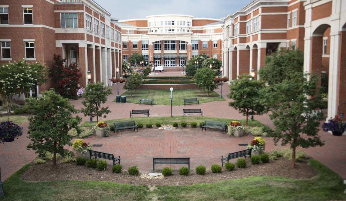 The courtyard leading up to Popp-Martin Student Union is seen mostly empty on the campus of UNC-Charlotte on Friday, July 17, 2020.