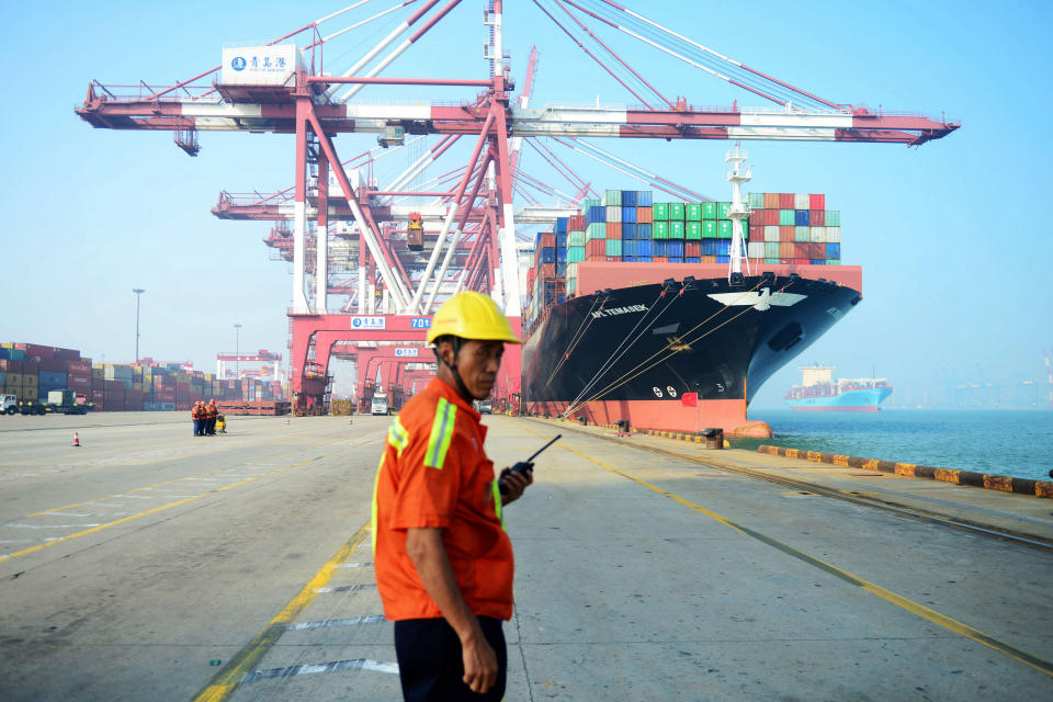 A cargo ship at a port in Qingdao, eastern China’s Shandong province. Photo: STR/AFP/Getty Images