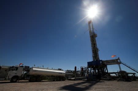 A drilling rig is seen at Vaca Muerta shale oil and gas drilling, in the Patagonian province of Neuquen
