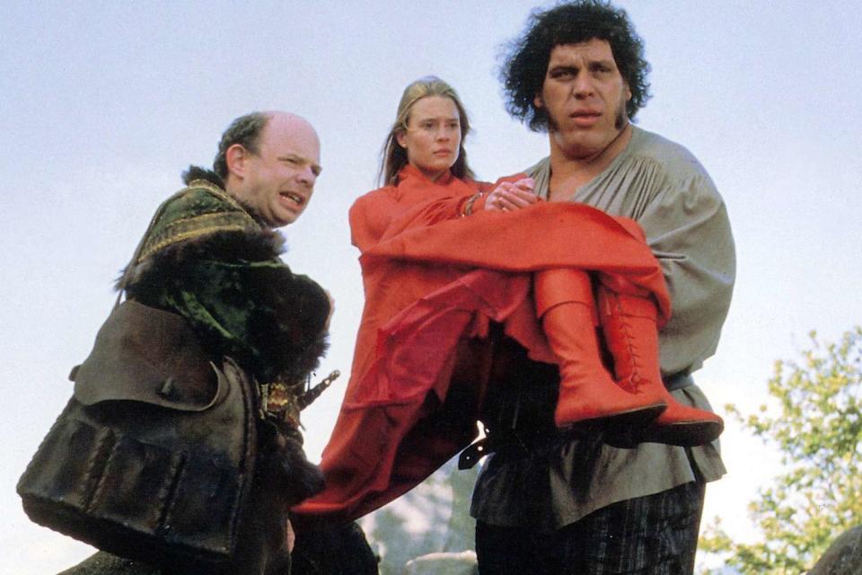 <p>Moviestore/Shutterstock</p> Wallace Shawn, Robin Wright and Andre The Giant in 