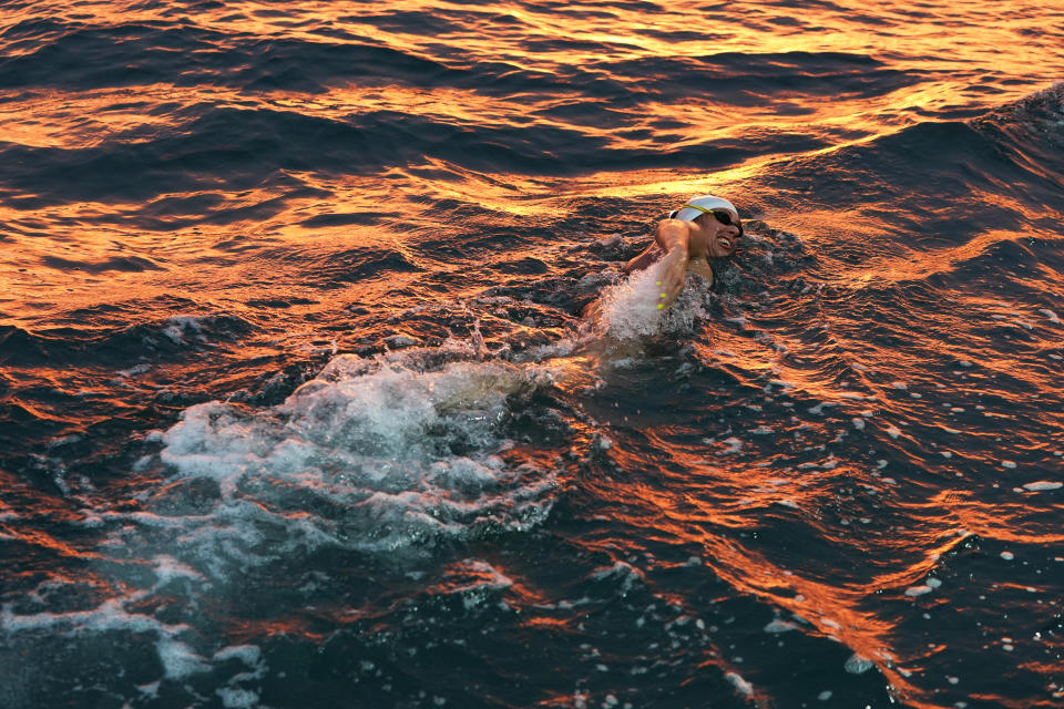 <p>Australian endurance swimmer Chloe McCardel approaches France at sunrise during her attempt to swim across the English Channel to equal the World Record, currently held at 43 crossings, before attempting her record breaking 44th crossing due on Sunday. Picture date: Thursday October 7, 2021.</p>
