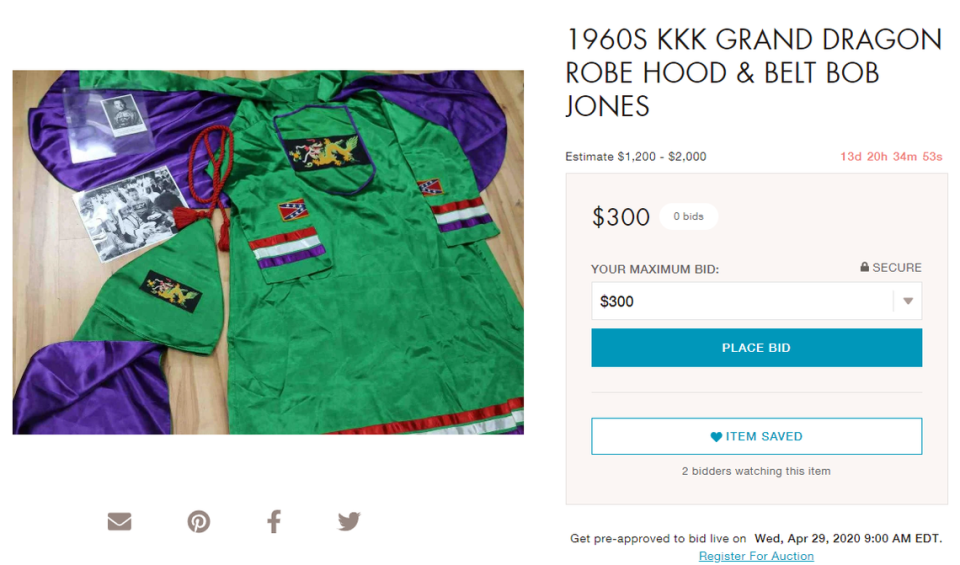 A 1960s KKK Grand Dragon Robe, hood, and belt from North Carolina is up for auction, at a starting prices of $300.