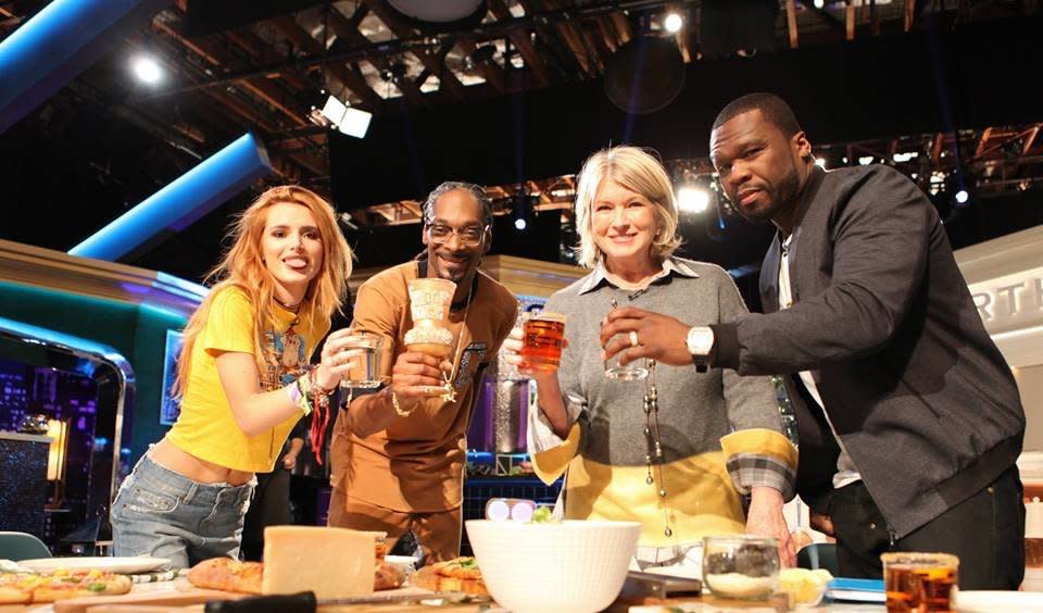 50 Cent and Bella Thorne with Martha Stewart and Snoop Dogg on the season finale of "Martha Snoops Potluck Dinner Party," which aired 3/6 on VH1.&nbsp;