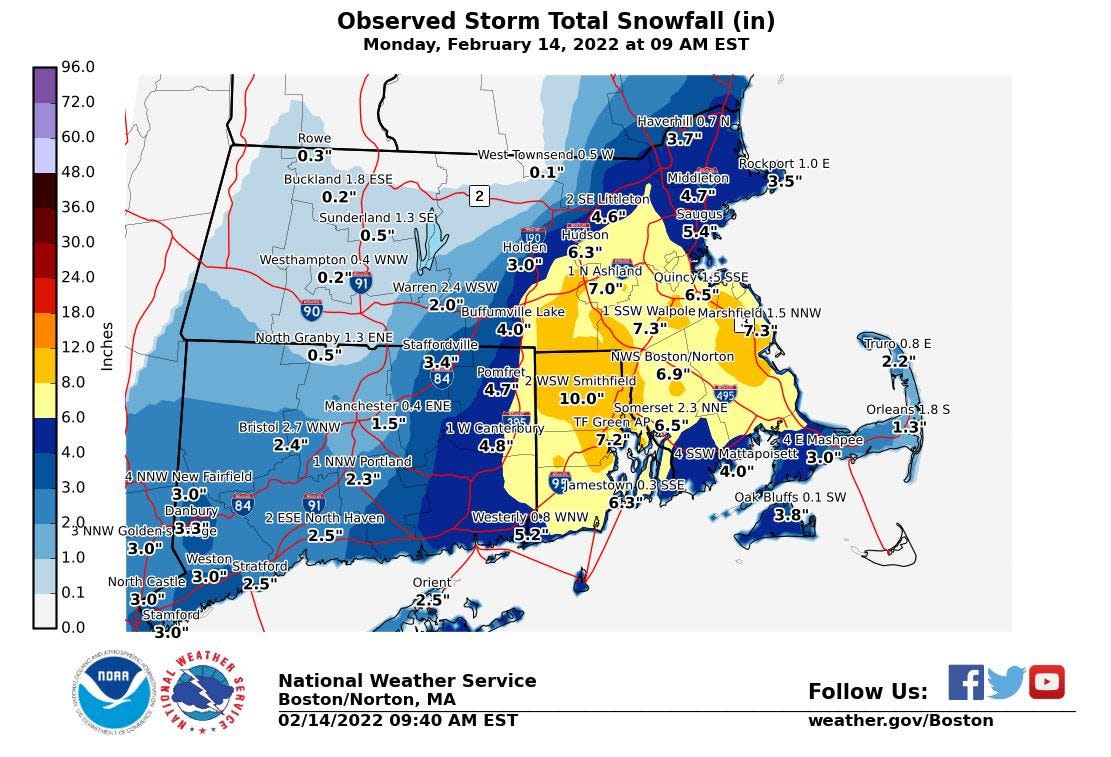 Snow totals around the region through 9 a.m. Monday.