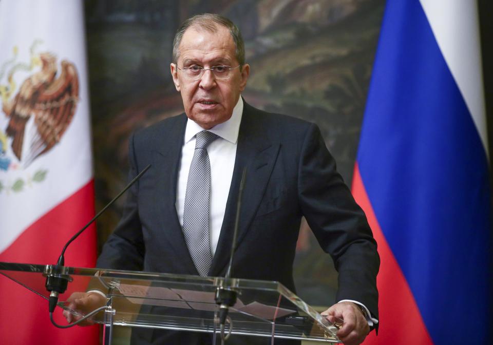 Russian Foreign Minister Sergey Lavrov speaks during a joint news conference with Mexican Foreign Minister Marcelo Ebrard following their talks in Moscow, Russia, Wednesday, April 28, 2021. Lavrov said in an interview published Wednesday that relations with the United States are now even worse than during the Cold War times because of a lack of mutual respect. (Russian Foreign Ministry Press Service via AP)