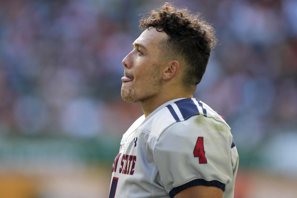 Jackson State quarterback Jason Brown watches the second half of the Orange Blossom Classic NCAA college football game against Florida A&M, Sunday, Sept. 3, 2023, in Miami Gardens, Fla. (AP Photo/Lynne Sladky)