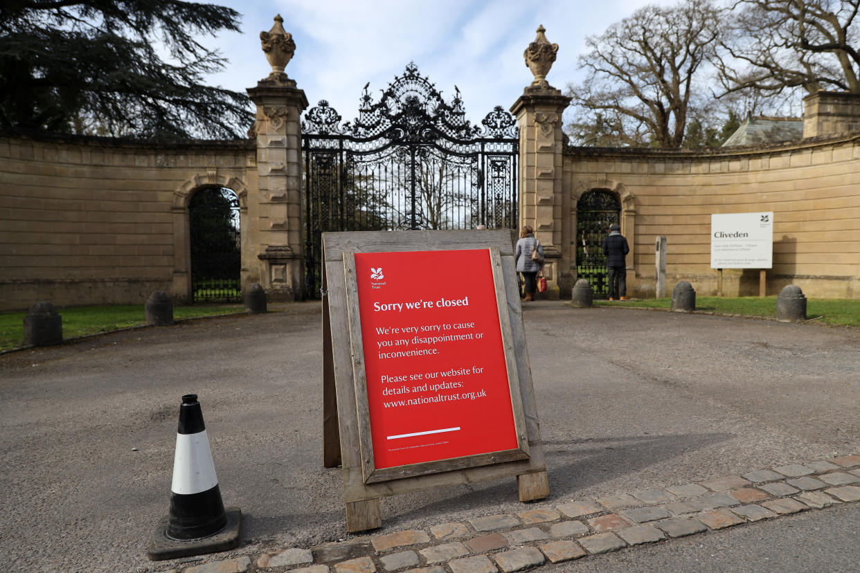 BURNHAM, UNITED KINGDOM - MARCH 21: A sign outside Cliveden telling visitors they are closed after too many visitors arrived early to walk around the grounds on March 21, 2020 in Burnham, United Kingdom. The National Trust, a charitable organisation that manages private parkland across the United Kingdom, said that during the COVID-19 outbreak it plans "to keep as many of our gardens and parklands open, free of charge, alongside coast and countryside, to encourage the nation to enjoy open space, while observing social distancing measures." (Photo by Richard Heathcote/Getty Images)