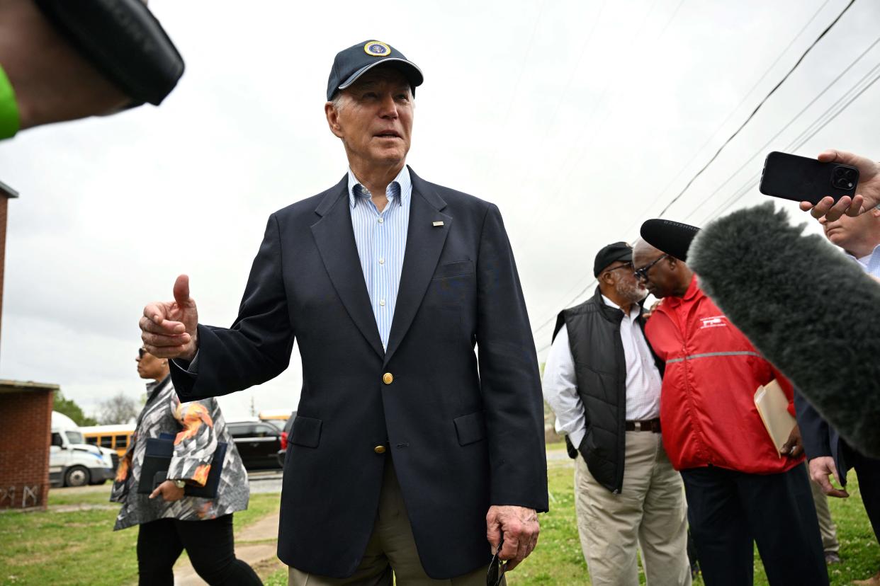 President Joe Biden speaks to reporters after a briefing by federal, local and state officials on response and recovery efforts at the South Delta Elementary School in Rolling Fork, Mississippi, on March 31.