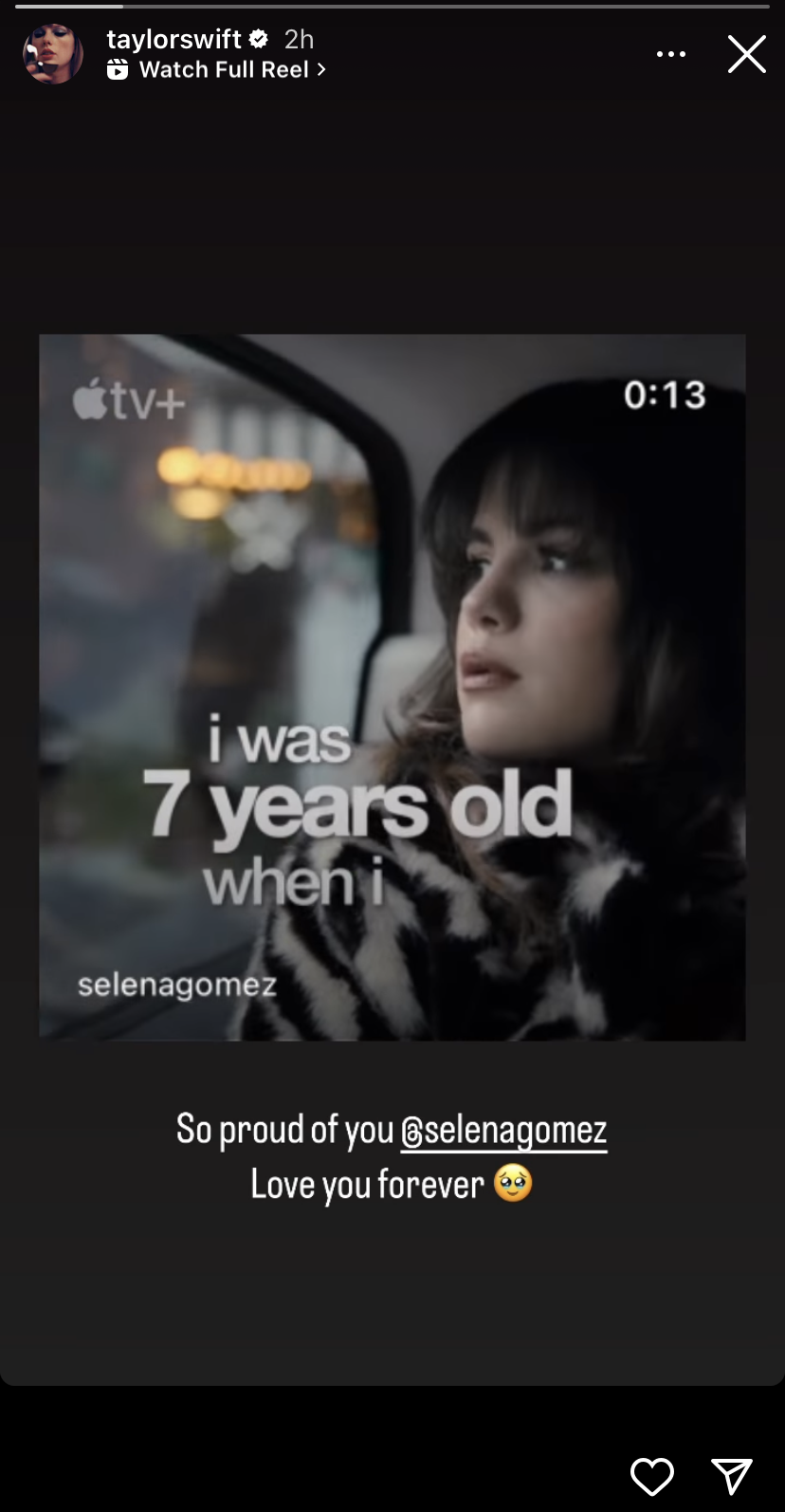 screenshot of taylor sharing a clip from selena's documentary