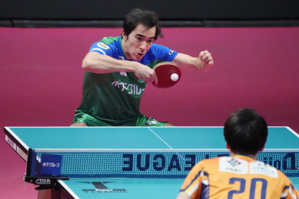 Brazil's Hugo Calderano competes against Hibiki Tazoe, during a WTT tournament table tennis match, Sunday, Feb. 12, 2023, in Kawasaki, near Tokyo. Calderano is No. 5 in the sport’s ranking, he reached No. 3 a year ago, and he's defeated many of the top Chinese including No. 1 Fan Zhendong. (AP Photo/Eugene Hoshiko)