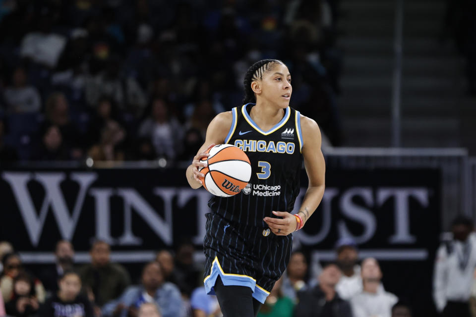 May 24, 2022; Chicago, Illinois, USA; Chicago Sky forward Candace Parker (3) brings the ball up court against the Indiana Fever during the first half at Wintrust Arena. Mandatory Credit: Kamil Krzaczynski-USA TODAY Sports