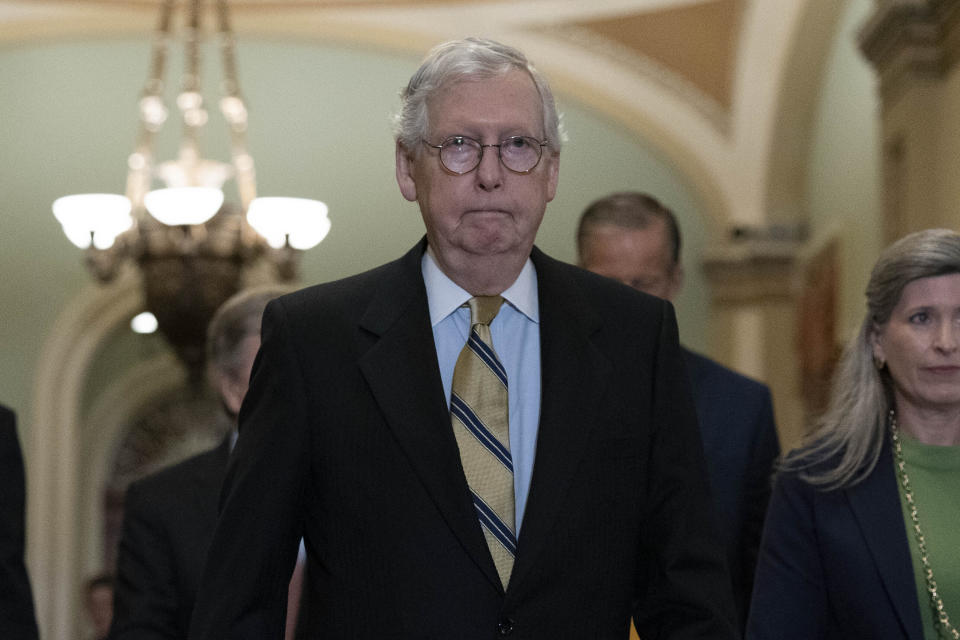 Senate Minority Leader Mitch McConnell, R-Ky., walks to speak with the press after a GOP policy luncheon, on Capitol Hill i on Capitol Hill in Washington, Tuesday, July 20, 2021. (AP Photo/Jose Luis Magana)