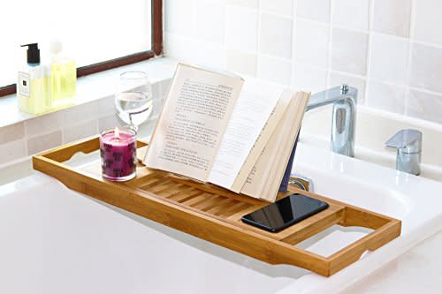 DOZYANT Bamboo Bathtub Tray Caddy Wooden Bath Tray Table with Extending Sides, Reading Rack, Tablet Holder, Cellphone Tray and Wine Glass Holder (Amazon / Amazon)