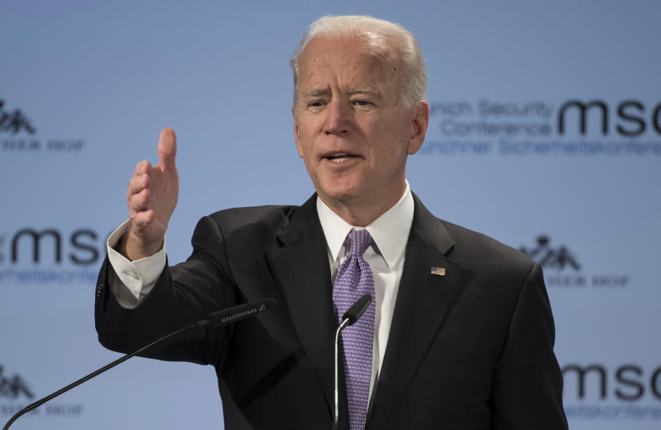 Former Vice President Joe Biden delivers his speech during the Munich Security Conference in Munich, Germany, Saturday, Feb. 16, 2019. (Sven Hoppe/dpa via AP)