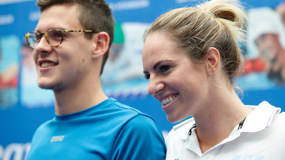 Mitch Larkin and Emily Seebohm of Australia pose for a photo during the International Swim Stars Meet and Greet at Kallang Wave Mall Atrium ahead of the FINA Swimming World Cup n October 20, 2016 in Singapore. (Photo by Suhaimi Abdullah/Getty Images)