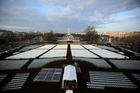 Empty seats are seen at the National Mall during a rehearsal for the inauguration ceremony of U.S. President-elect Donald Trump in Washington. REUTERS/Carlos Barria