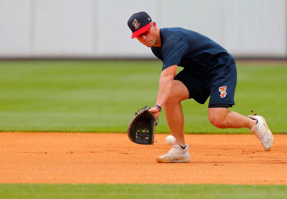 Toledo Mud Hens first baseman Spencer Torkelson during fielding practice before his teams game against the St. Paul Saints at Fifth Third Stadium in Toledo, Ohio on August 24, 2021.