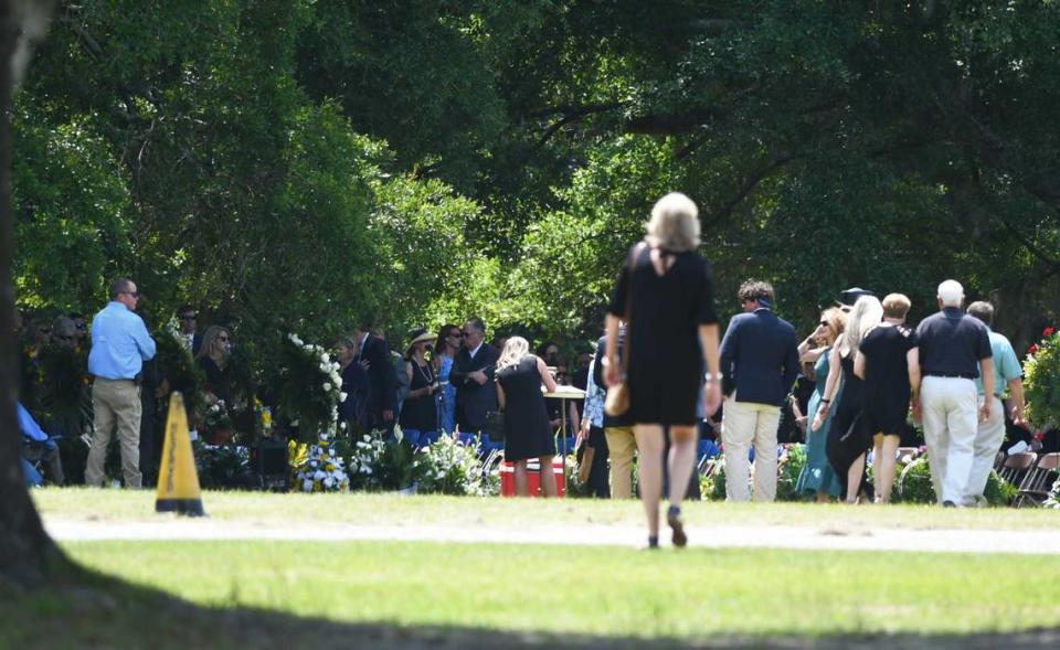 People begin to arrive at the celebration of life for Paul Murdaugh and his mother Maggie in Hampton, SC, on June 11, 2021.