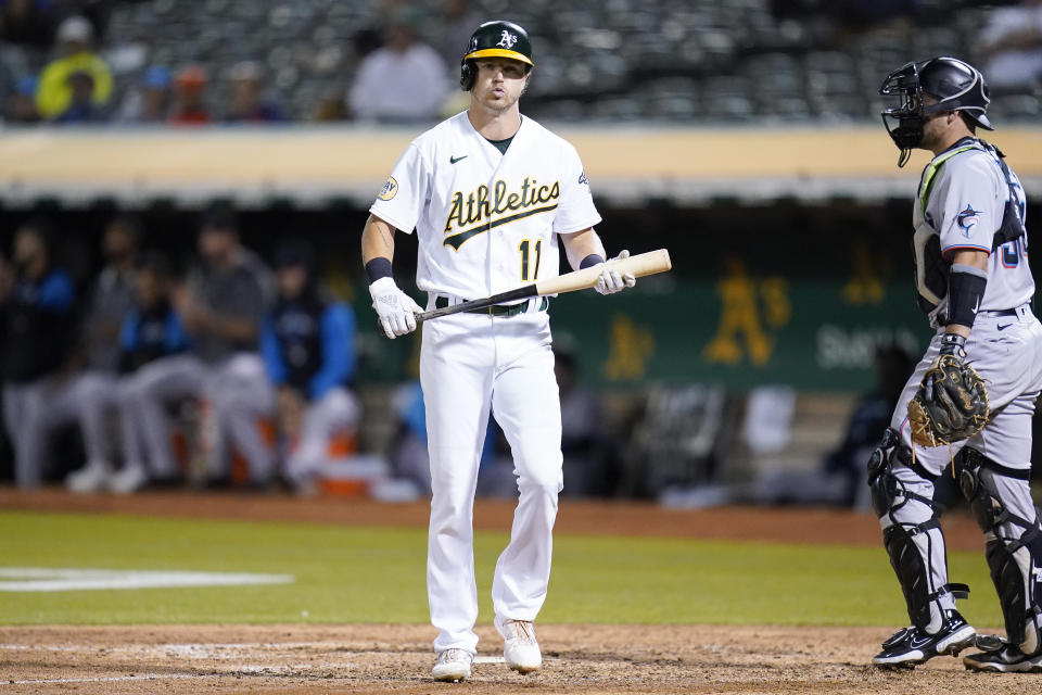 Oakland Athletics' Skye Bolt (11) reacts after striking out against the Miami Marlins during the eighth inning of a baseball game in Oakland, Calif., Monday, Aug. 22, 2022. (AP Photo/Godofredo A. Vásquez)