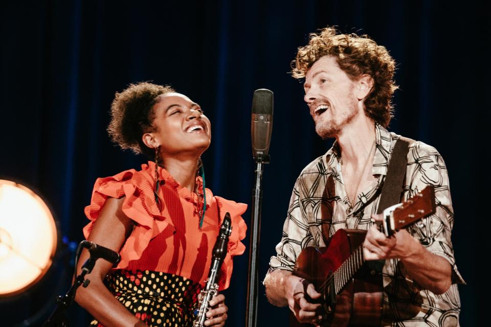 Allison Russell and Jeremy Lindsay perform in honor of John Prine at the Ryman Auditorium in Nashville. Photo: Rett Rogers*