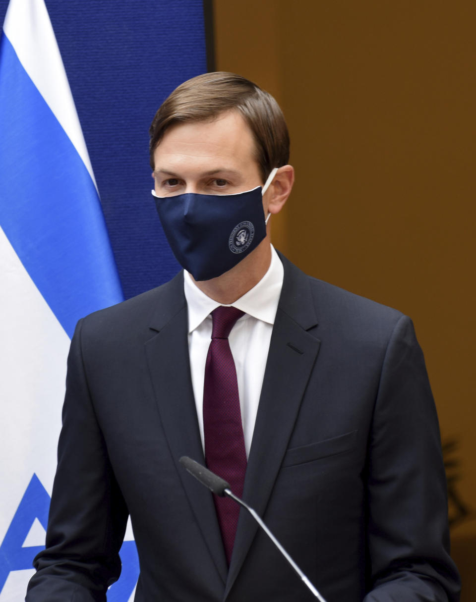 White House adviser Jared Kushner wears a protective face mask to help prevent the spread of the coronavirus as he arrives to give joint statements with Israeli Prime Minister Benjamin Netanyahu to the press about the Israeli-United Arab Emirates peace accords, in Jerusalem, Sunday, Aug. 30, 2020. Kushner is trumpeting the recent agreement by Israel and the United Arab Emirates to establish diplomatic relations as a historic breakthrough and said “the stage is set” for other Arab states to follow suit. (Debbie Hill/Pool Photo via AP)