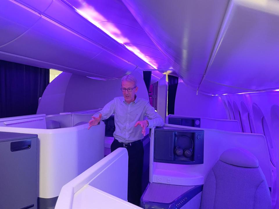 The interior of the redesigned Air New Zealand plane cabin.