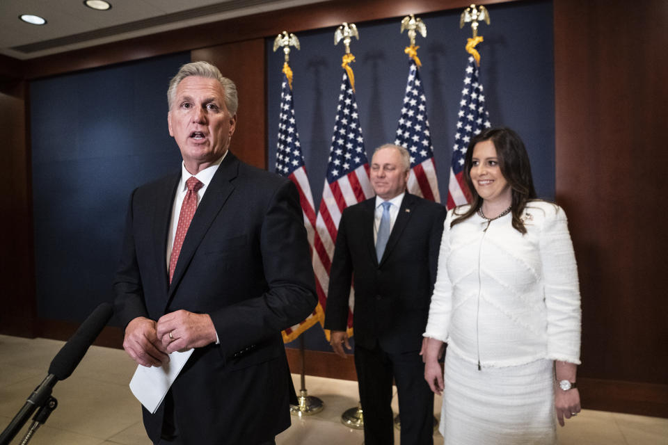 House Minority Leader Kevin McCarthy (R-Calif.) speaks with Rep. Elise Stefanik (R-N.Y.) moments after she was elected chair of the House Republican Conference on May 14. Stefanik replaced Rep. Liz Cheney (R-Wyo.), who was ousted from her leadership role after refusing to go along with former President Donald Trump's lies about the 2020 election.  (Photo: Photo by Jabin Botsford/The Washington Post via Getty Images)