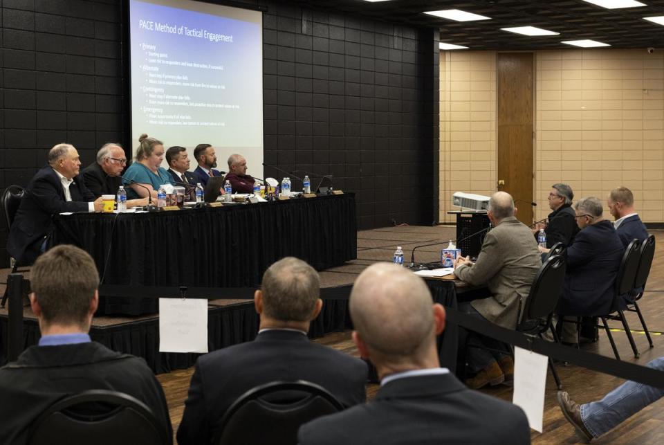 The house committee investigating the Panhandle wildfires questions a panel of experts during a public access meeting on Tuesday, April 2, 2024 in Pampa.                                                                                                                                                                                                                                                                                                                                                                                   