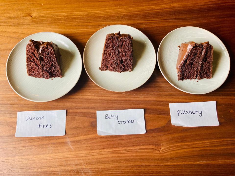 Three slices of chocolate cake on plates with labels of which is which