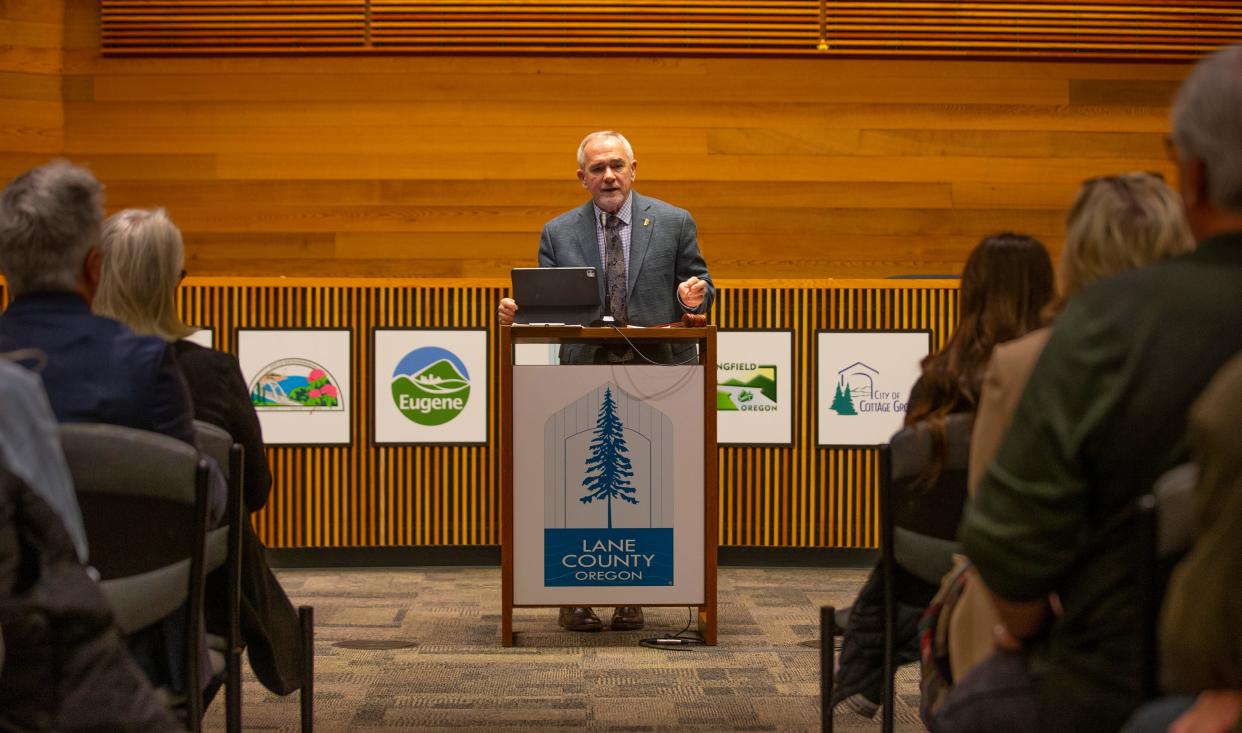 Lane County Commissioner Pat Farr speaks during the "State of the County" address made on Jan. 9, 2023. Farr is expected to return to deliver the 2024 iteration of the address on Monday.