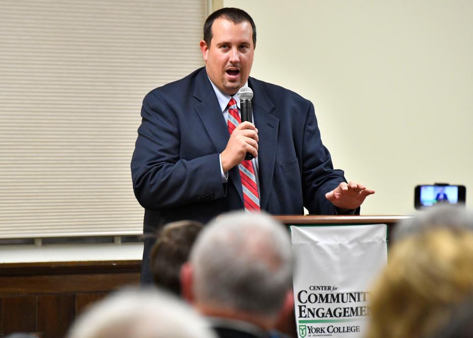 Rep. Seth Grove speaks as a surrogate for Governor candidate Scott Wager at the York College Center for Community Engagement on Monday, Oct. 29, 2018. Candidates night, sponsored by the York Daily Record and York College, invited all candidates in all contested local races, from governor to house representative. It was a chance for the community to get to know the candidate in a setting other than a debate.