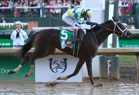 May 6, 2017; Louisville , KY, USA; John Velazquez aboard Always Dreaming (5) crosses the finish line to win the 2017 Kentucky Derby at Churchill Downs. Mandatory Credit: Jerry Lai-USA TODAY Sports