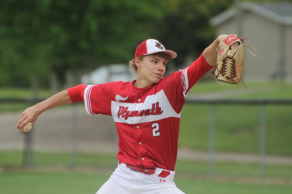 Plymouth sophomore Jarrett Burrer delivers a pitch during the Big Red's win over Western Reserve on Monday night.