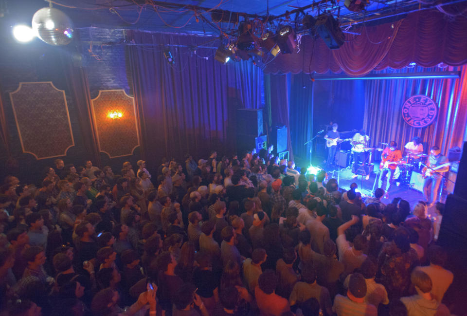 Members of the indie rock group Deerhunter, perform at One Eyed Jack's in the French Quarter in New Orleans, Monday, April 29, 2013. (AP Photo/Matthew Hinton)