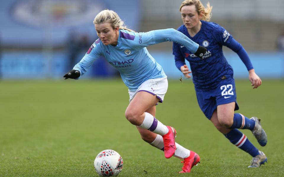 Lauren Hemp of Manchester City on the ball during the Barclays FA Women's Super League match between Manchester City and Chelsea at The Academy Stadium on February 23, 2020 - Charlotte Tattersall/Getty Images