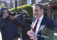 Britain's opposition Labour Party leader Keir Starmer leaves his home in London, following the declaration that the Labour Party has lost the Hartlepool parliamentary election, Friday May 7, 2021. Britain's governing Conservative Party has won the Hartlepool election, dealing a blow to the Labour Party, with other by-election results still to be declared. (Stefan Rousseau/PA via AP)