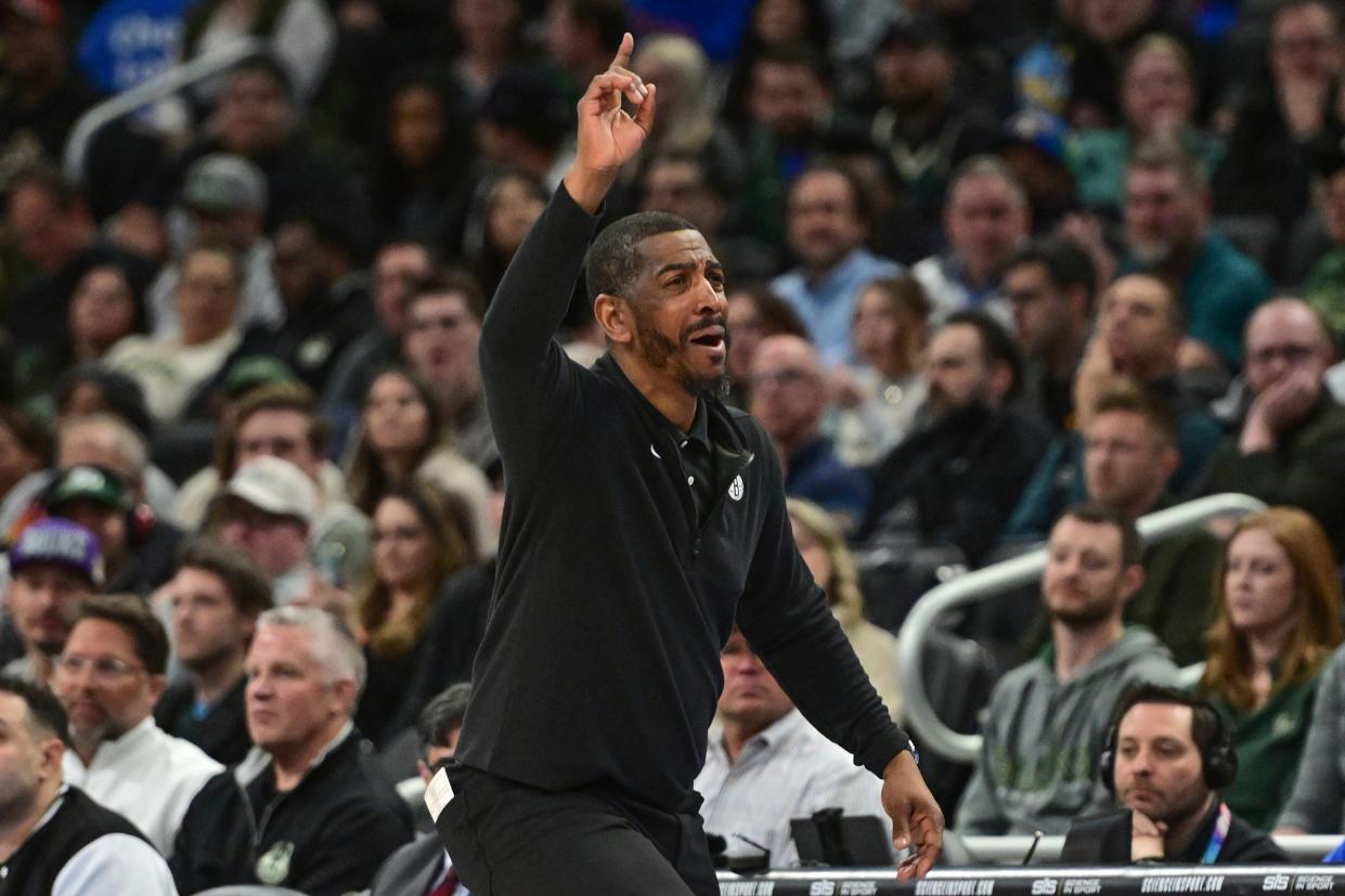 Nets interim coach Kevin Ollie reacts in the fourth quarter against the Bucks on March 21, 2024, in Milwaukee.