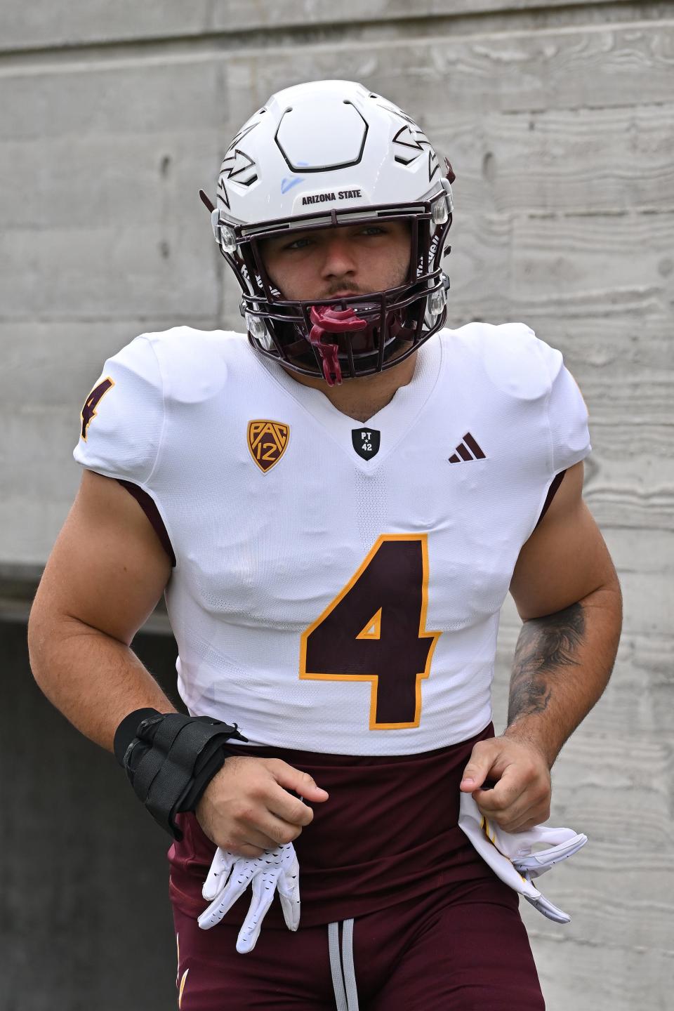 Sep 30, 2023; Berkeley, California, USA; Arizona State Sun Devils running back Cameron Skattebo (4) runs onto the field for warmups before the game between the Arizona State Sun Devils and the California Golden Bears at California Memorial Stadium. Mandatory Credit: Robert Edwards-USA TODAY Sports