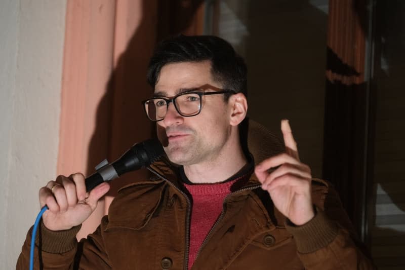 Martin Sellner, Austrian right-wing activist, speaks at a rally of the Identitarian Movement. Sebastian Willnow/dpa