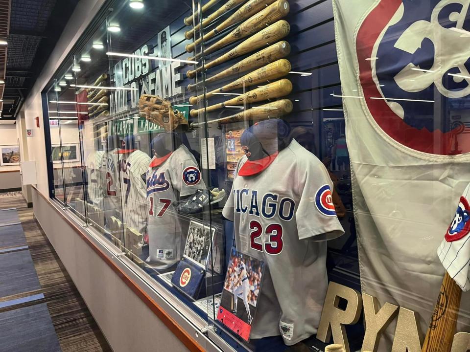 Jerseys representing former Chicago Cubs'  players in the organization's Hall of Fame.