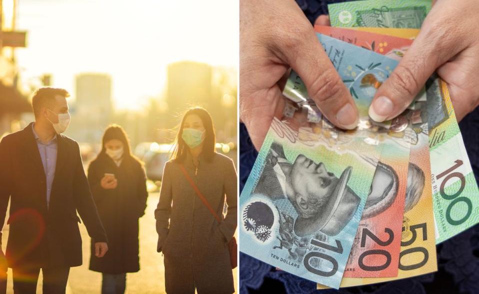 Compilation image of people walking towards the camera with sun shining in the background and hands counting out Australian dollar notes, to represent money mindfulness 