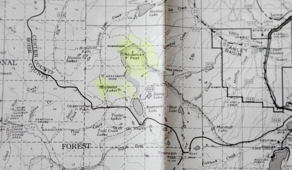 This 1965 map from the Challis National Forest’s Yankee Fork Ranger District shows McGowan Peak spelled correctly. Not only that, nearby McGowan Lakes and McGowan Creek are spelled with the “a.” In many maps and books it has been mistakenly printed as “McGown.” The peak was named after the late George L. McGowan of Challis, whose descendants still reside in Custer County today.