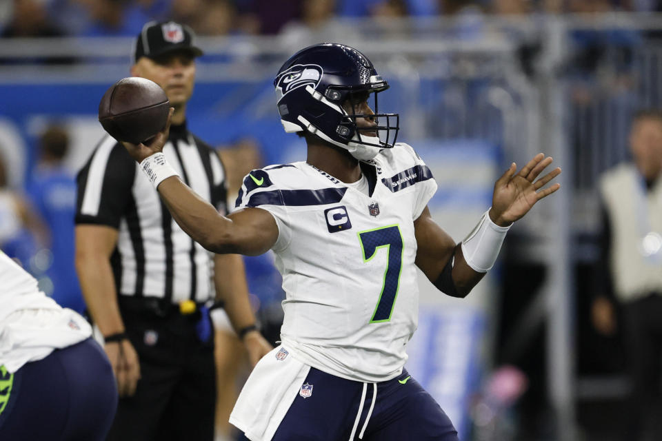 Seattle Seahawks quarterback Geno Smith throws a pass during the first half of an NFL football game against the Detroit Lions, Sunday, Sept. 17, 2023, in Detroit. (AP Photo/Duane Burleson)